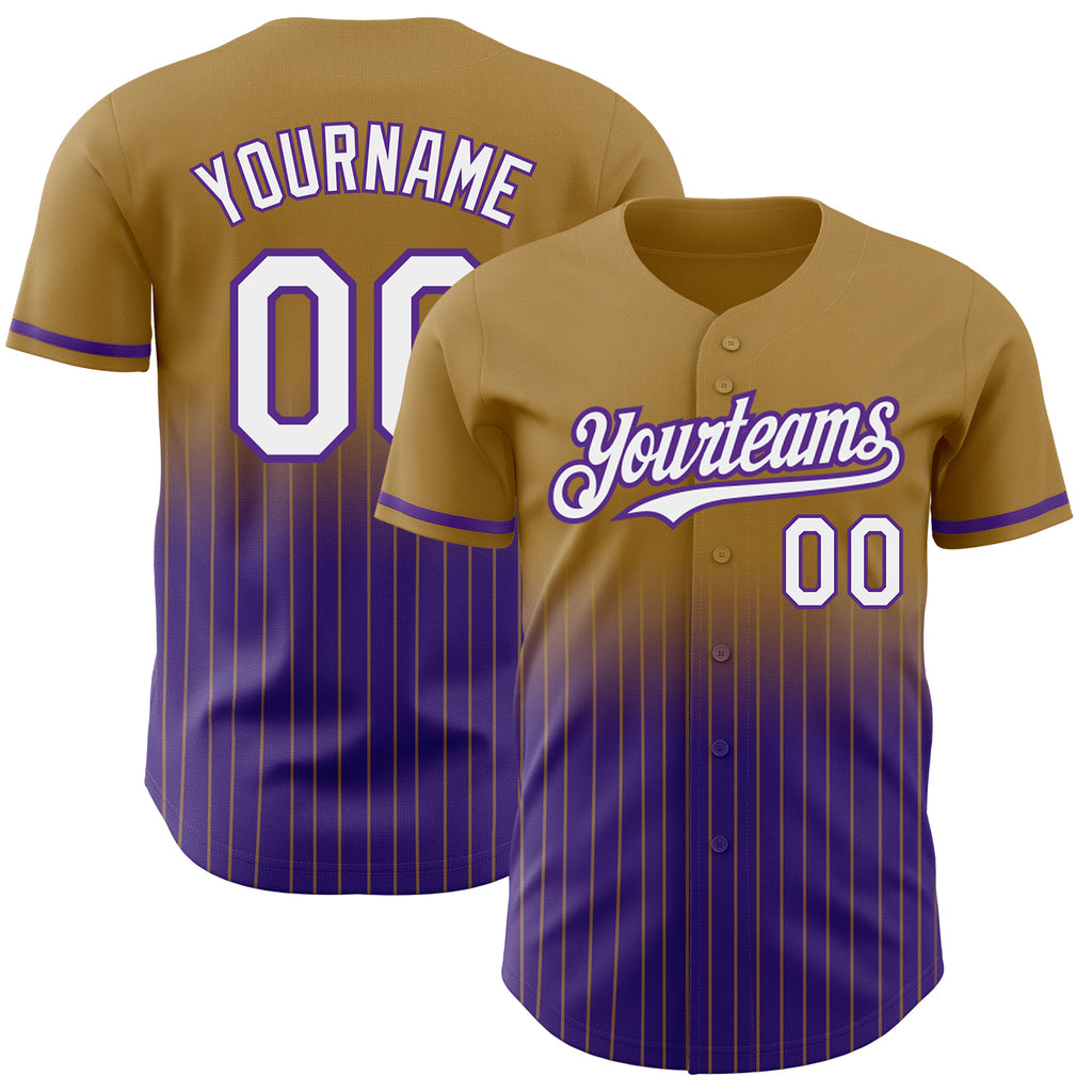 Custom Old Gold Pinstripe White-Purple Authentic Fade Fashion Baseball Jersey