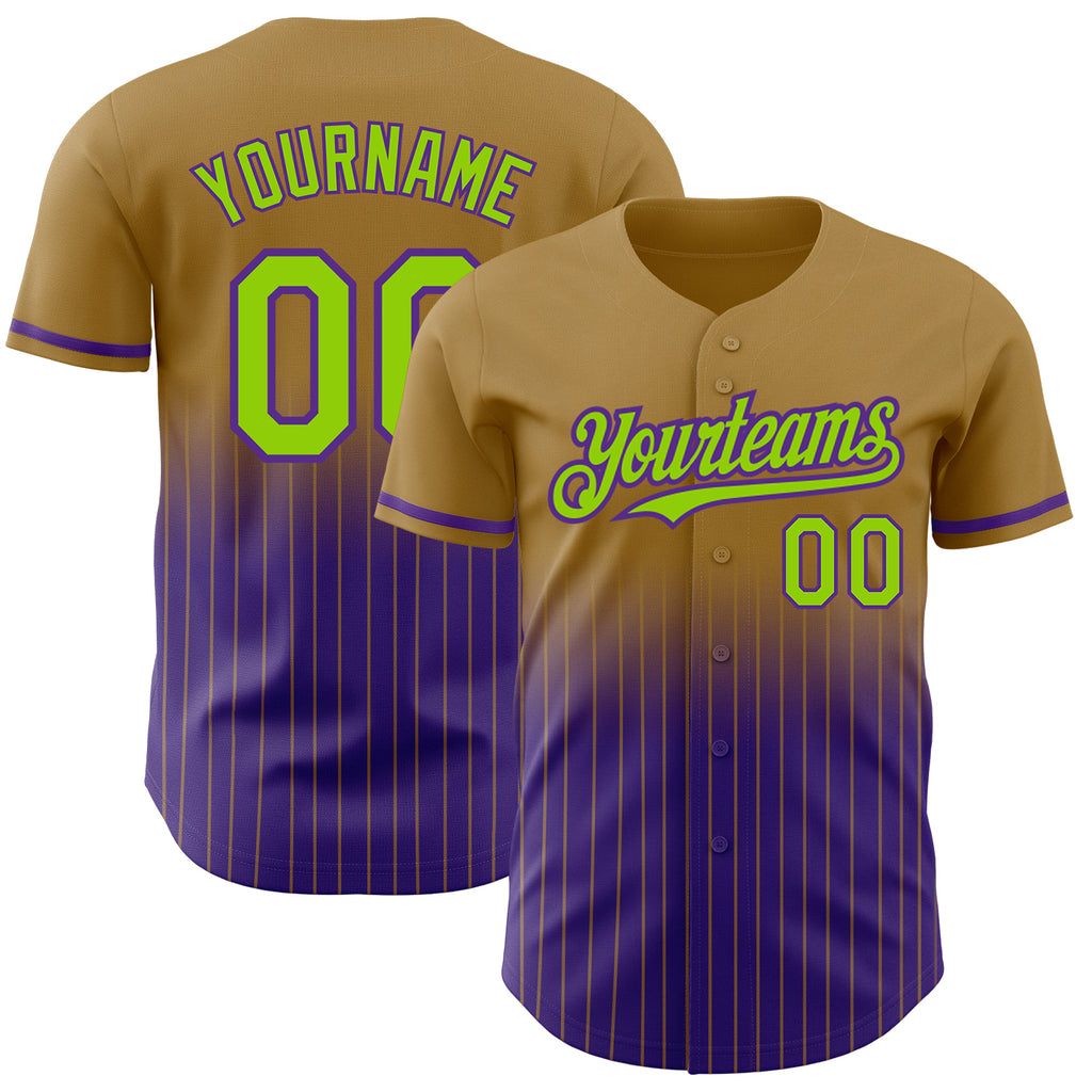 Custom Old Gold Pinstripe Neon Green-Purple Authentic Fade Fashion Baseball Jersey