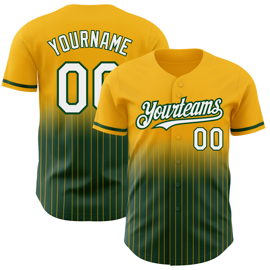 Custom Gold Pinstripe White-Green Authentic Fade Fashion Baseball Jersey