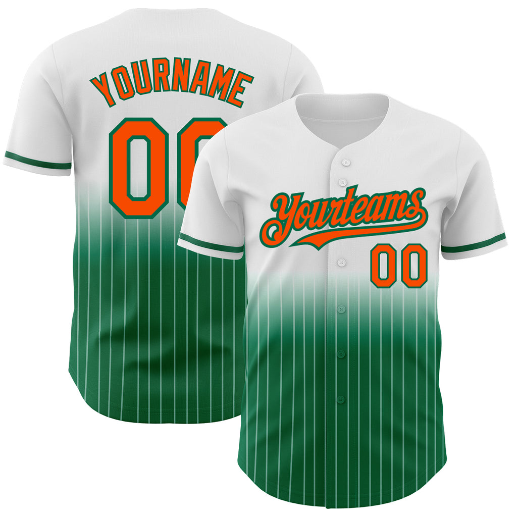 Custom White Pinstripe Orange-Kelly Green Authentic Fade Fashion Baseball Jersey