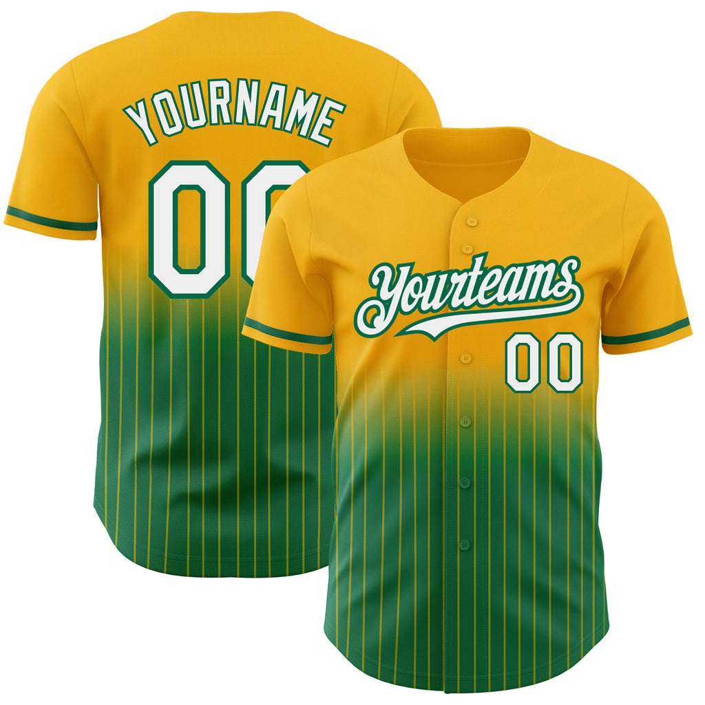 Custom Gold Pinstripe White-Kelly Green Authentic Fade Fashion Baseball Jersey