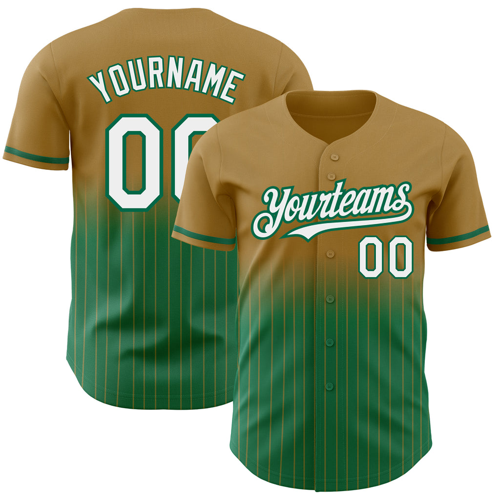 Custom Old Gold Pinstripe White-Kelly Green Authentic Fade Fashion Baseball Jersey