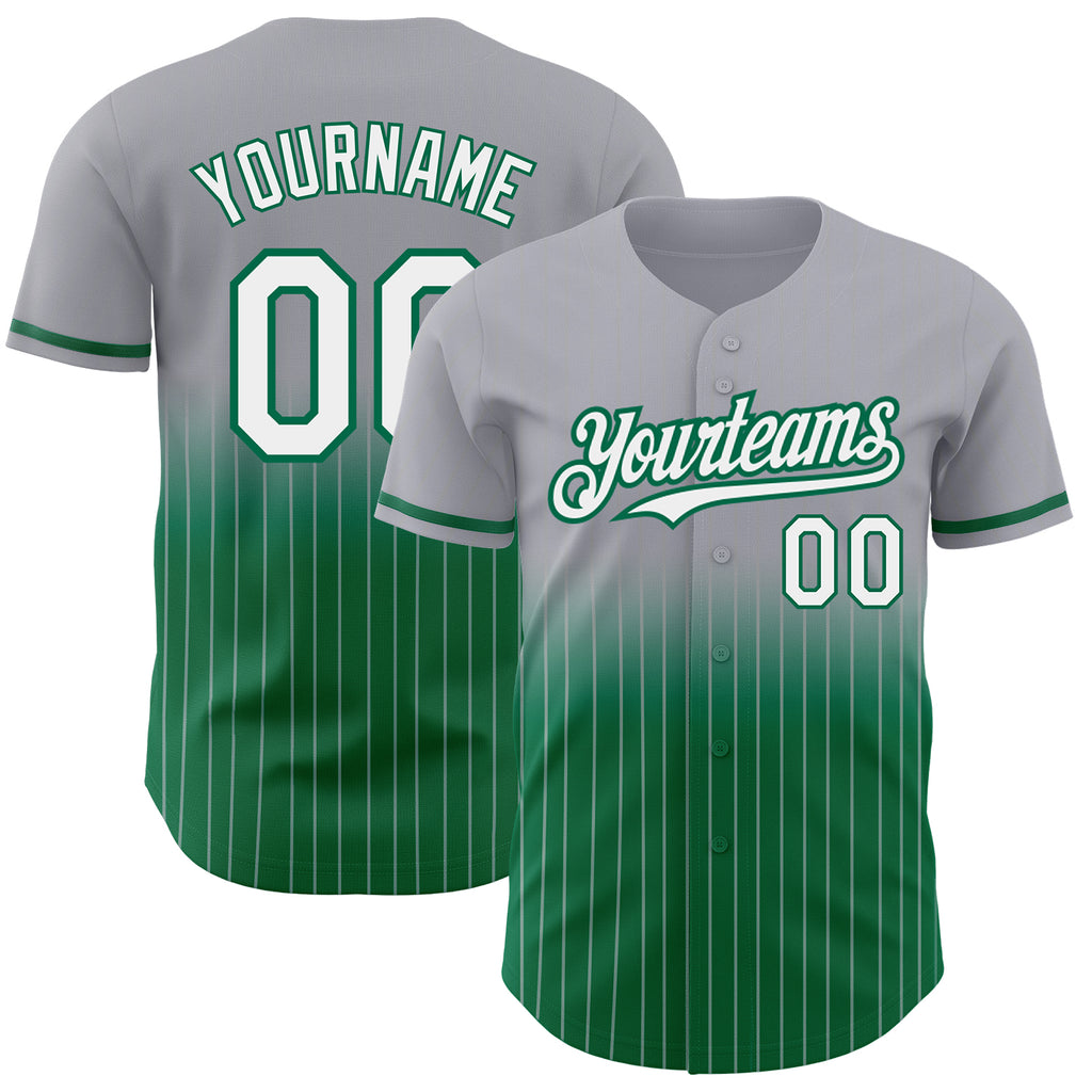 Custom Gray Pinstripe White-Kelly Green Authentic Fade Fashion Baseball Jersey