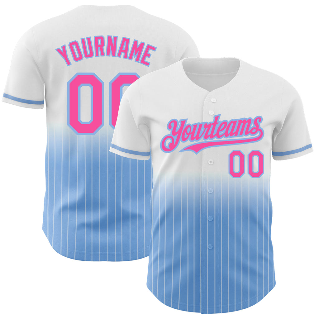 Custom White Pinstripe Pink-Light Blue Authentic Fade Fashion Baseball Jersey