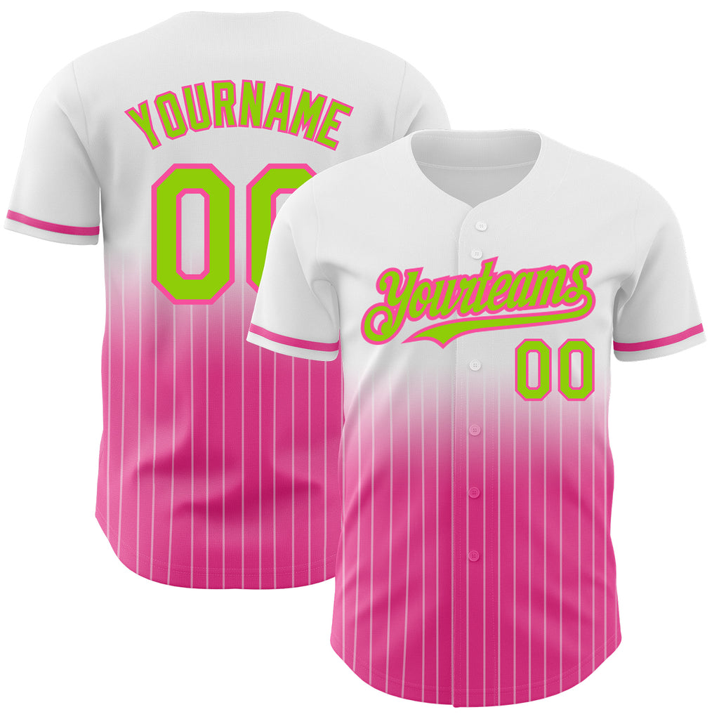 Custom White Pinstripe Neon Green-Pink Authentic Fade Fashion Baseball Jersey