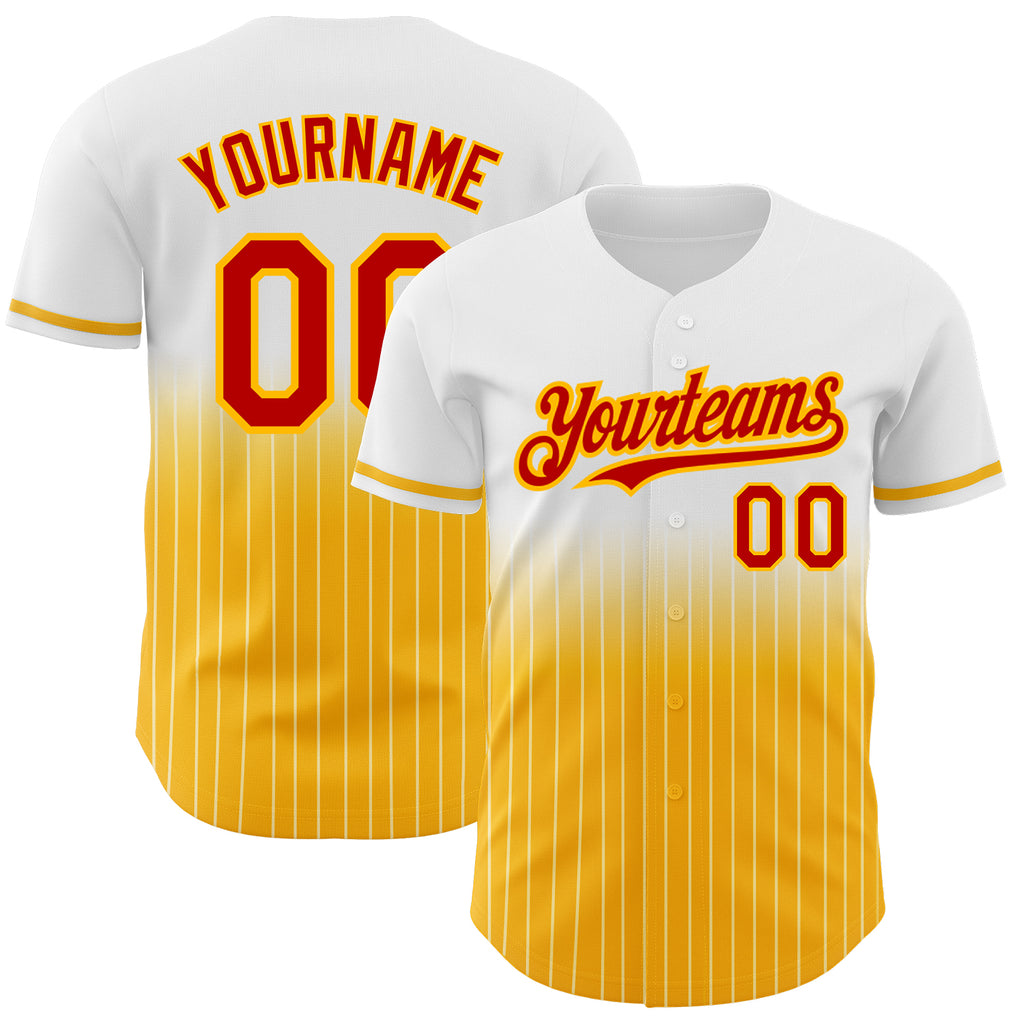 Custom White Pinstripe Red-Gold Authentic Fade Fashion Baseball Jersey