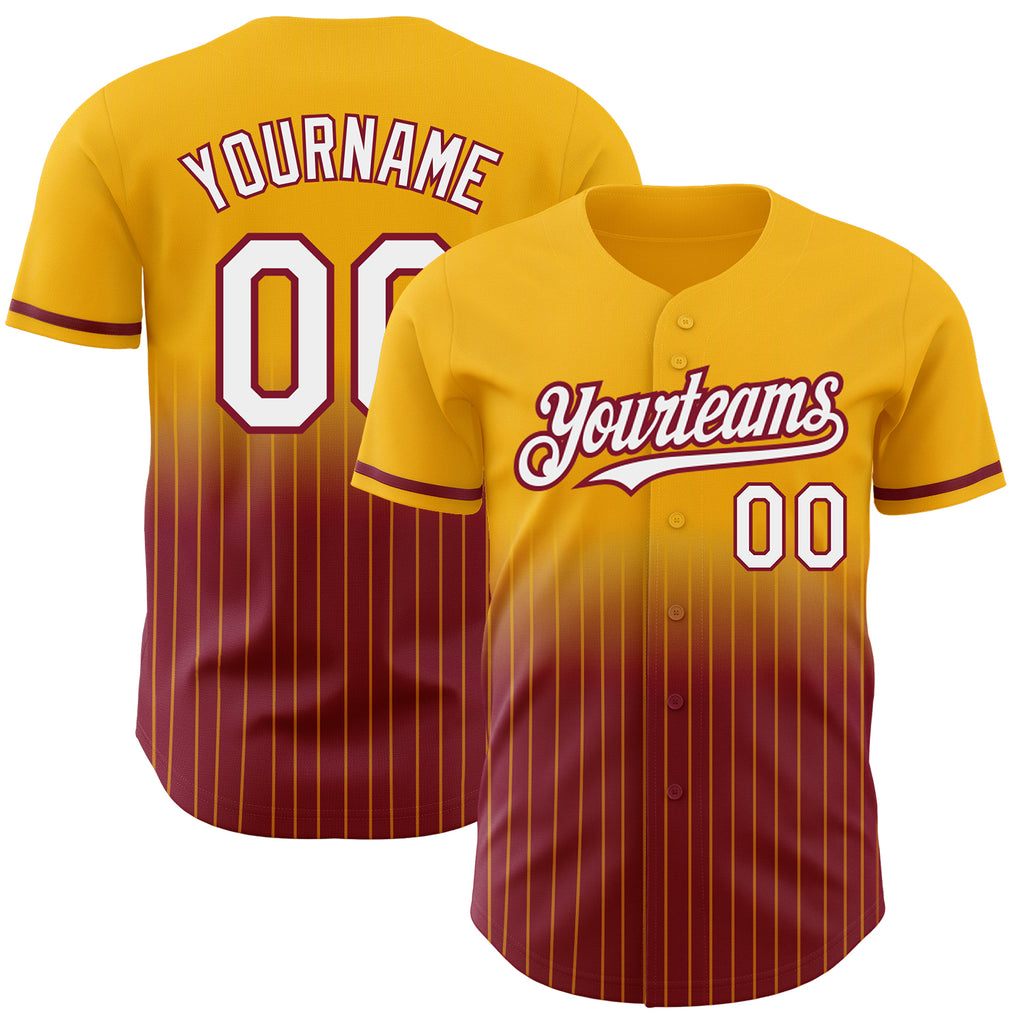 Custom Gold Pinstripe White-Crimson Authentic Fade Fashion Baseball Jersey