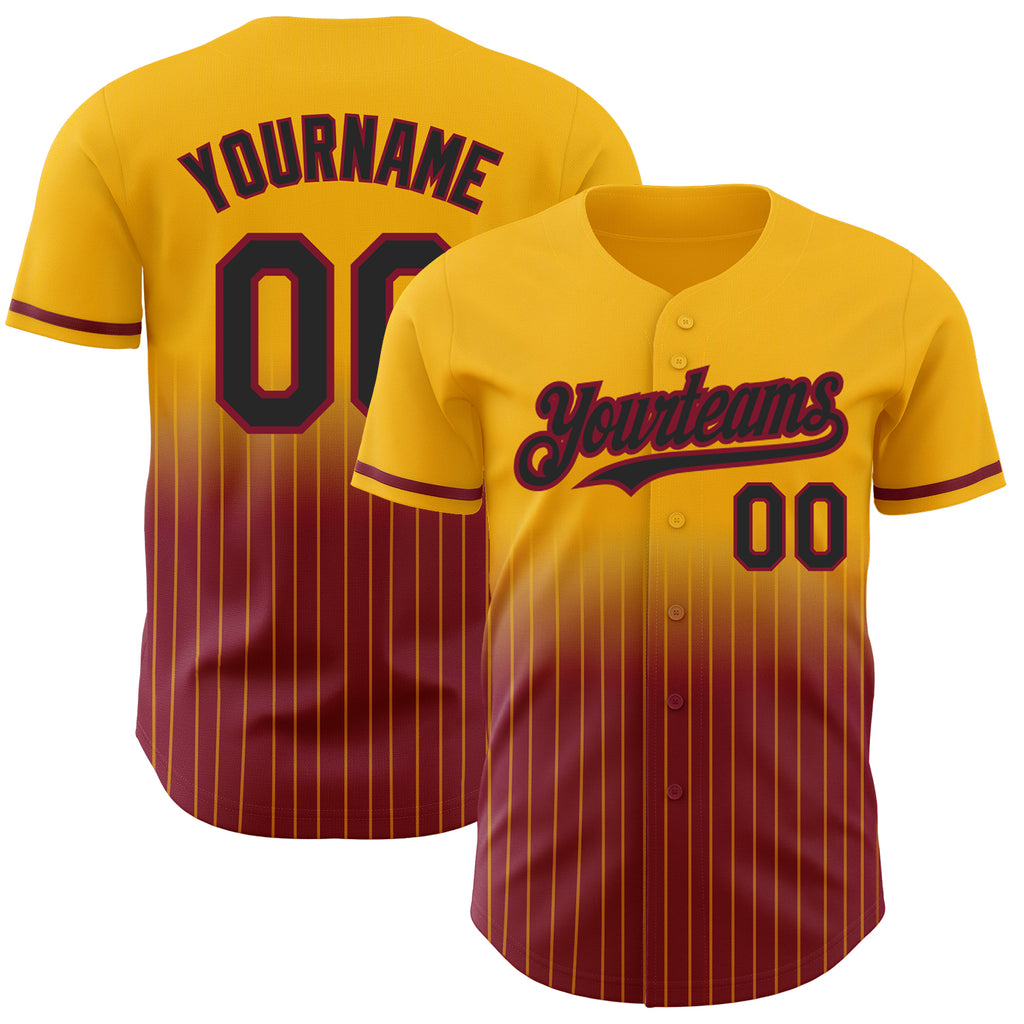 Custom Gold Pinstripe Black-Crimson Authentic Fade Fashion Baseball Jersey