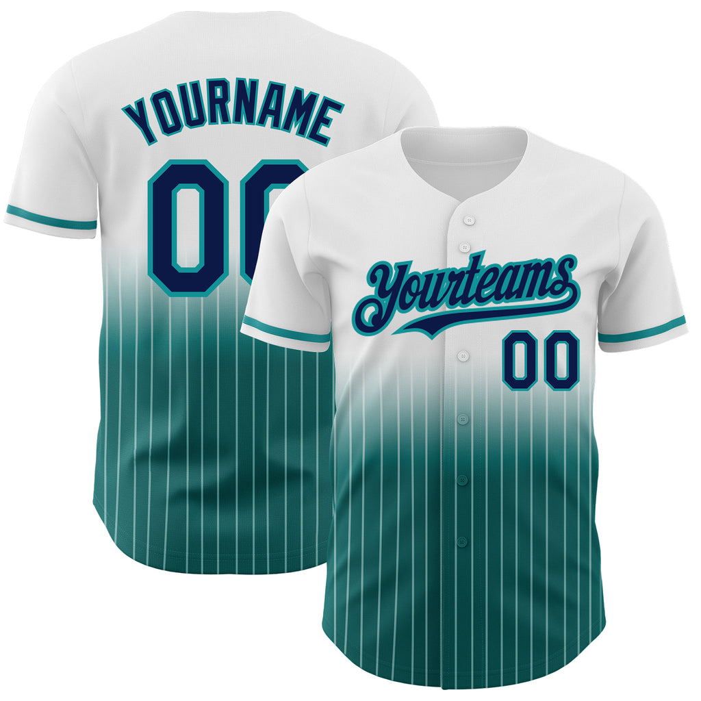 Custom White Pinstripe Navy-Teal Authentic Fade Fashion Baseball Jersey