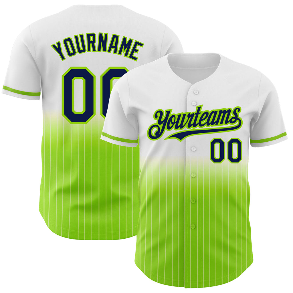 Custom White Pinstripe Navy-Neon Green Authentic Fade Fashion Baseball Jersey