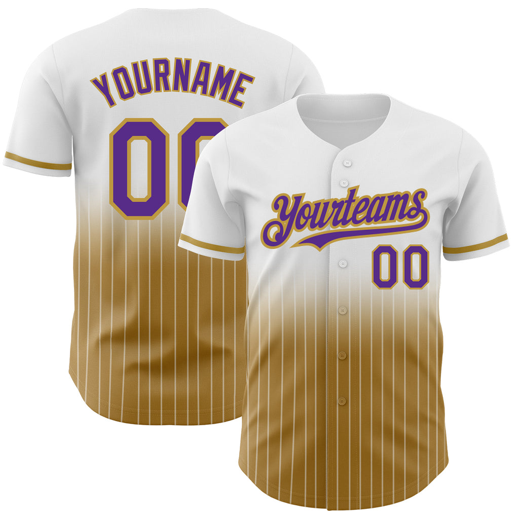 Custom White Pinstripe Purple-Old Gold Authentic Fade Fashion Baseball Jersey