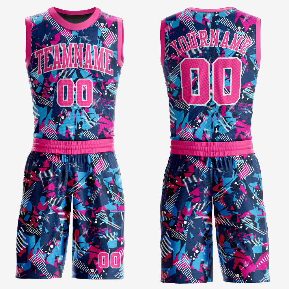 Custom Figure Pink-Light Blue Round Neck Sublimation Basketball Suit Jersey