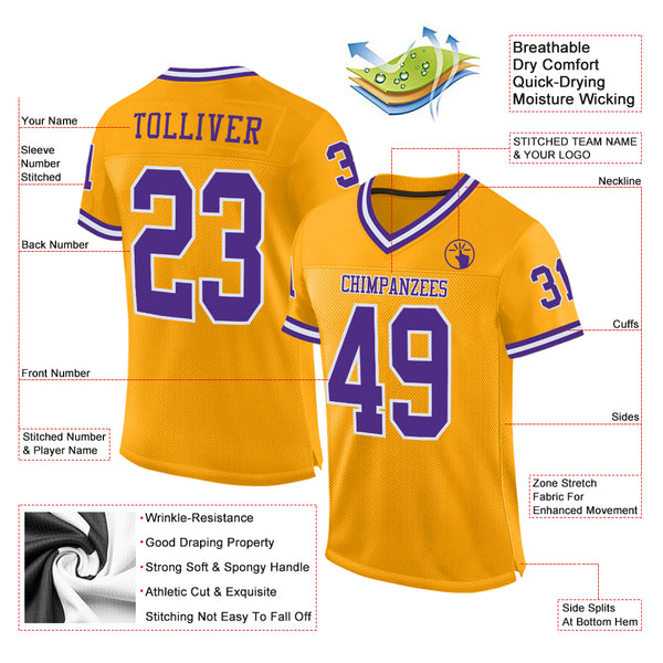 Custom Gold Purple-White Mesh Authentic Throwback Football Jersey