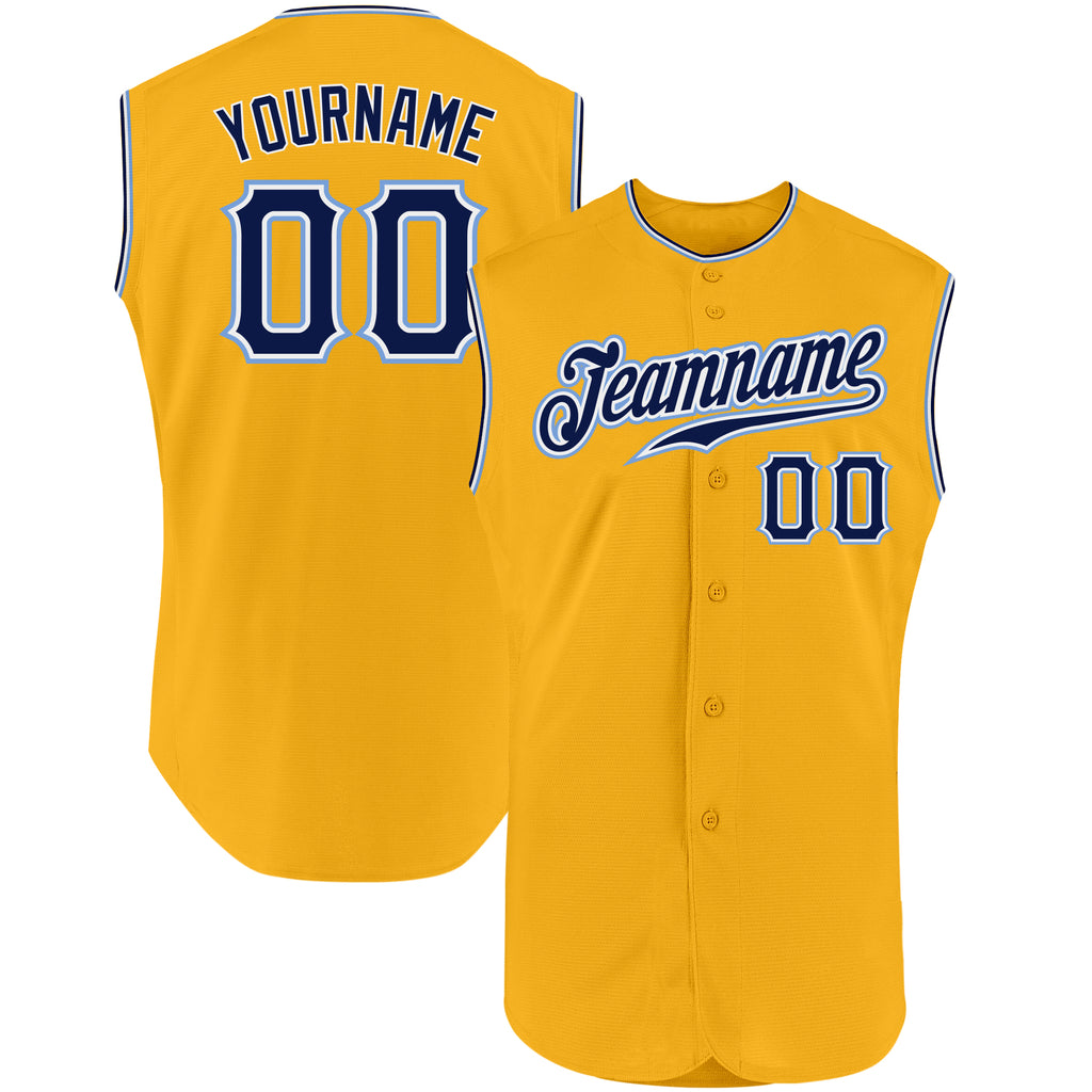 Custom Gold Navy-Light Blue Authentic Sleeveless Baseball Jersey