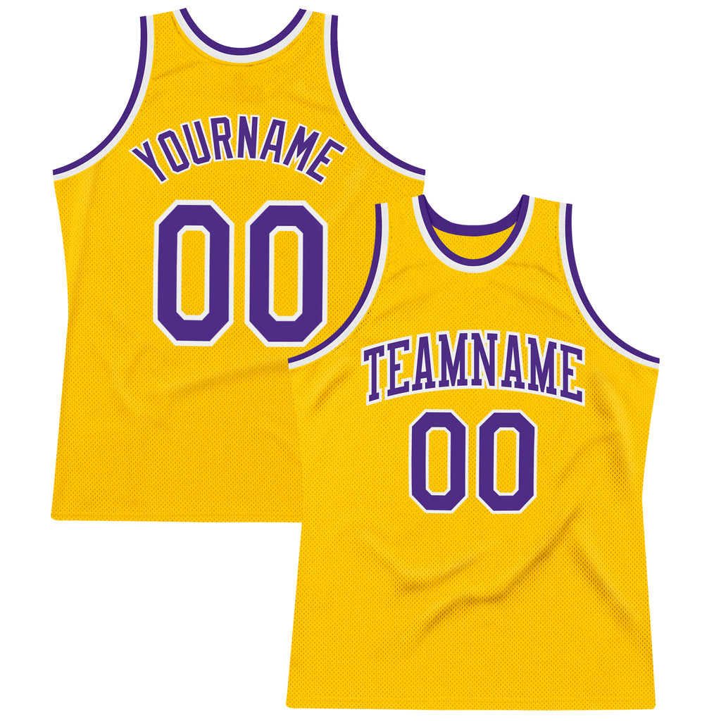 Custom Gold Purple-White Authentic Throwback Basketball Jersey