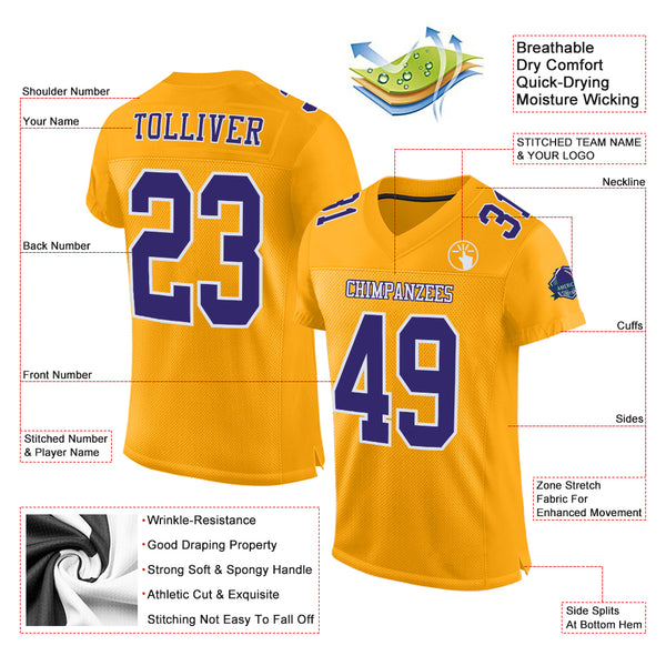 Custom Gold Purple-White Mesh Authentic Football Jersey