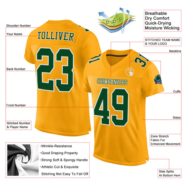 Custom Gold Green-White Mesh Authentic Football Jersey