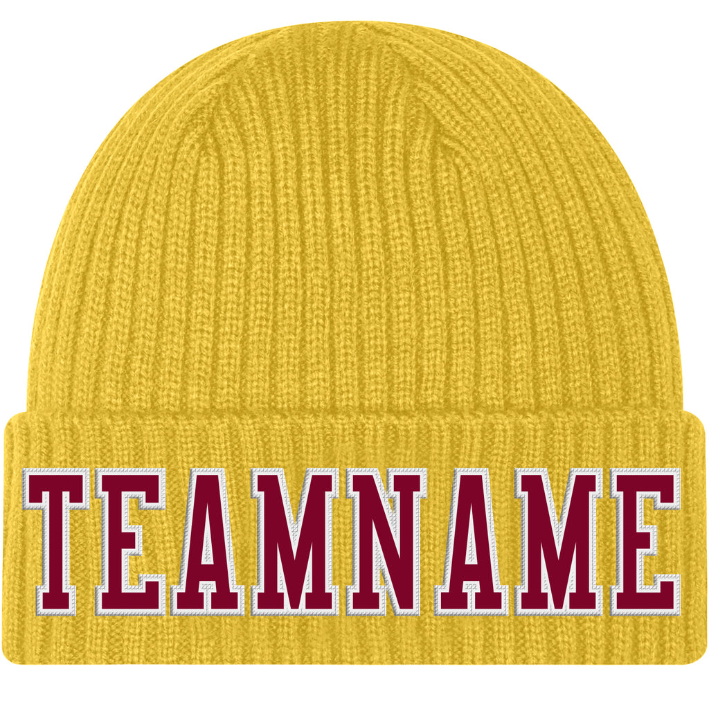 Custom Gold Maroon-White Stitched Cuffed Knit Hat