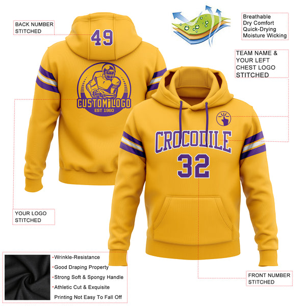 Custom Stitched Gold Purple-White Football Pullover Sweatshirt Hoodie