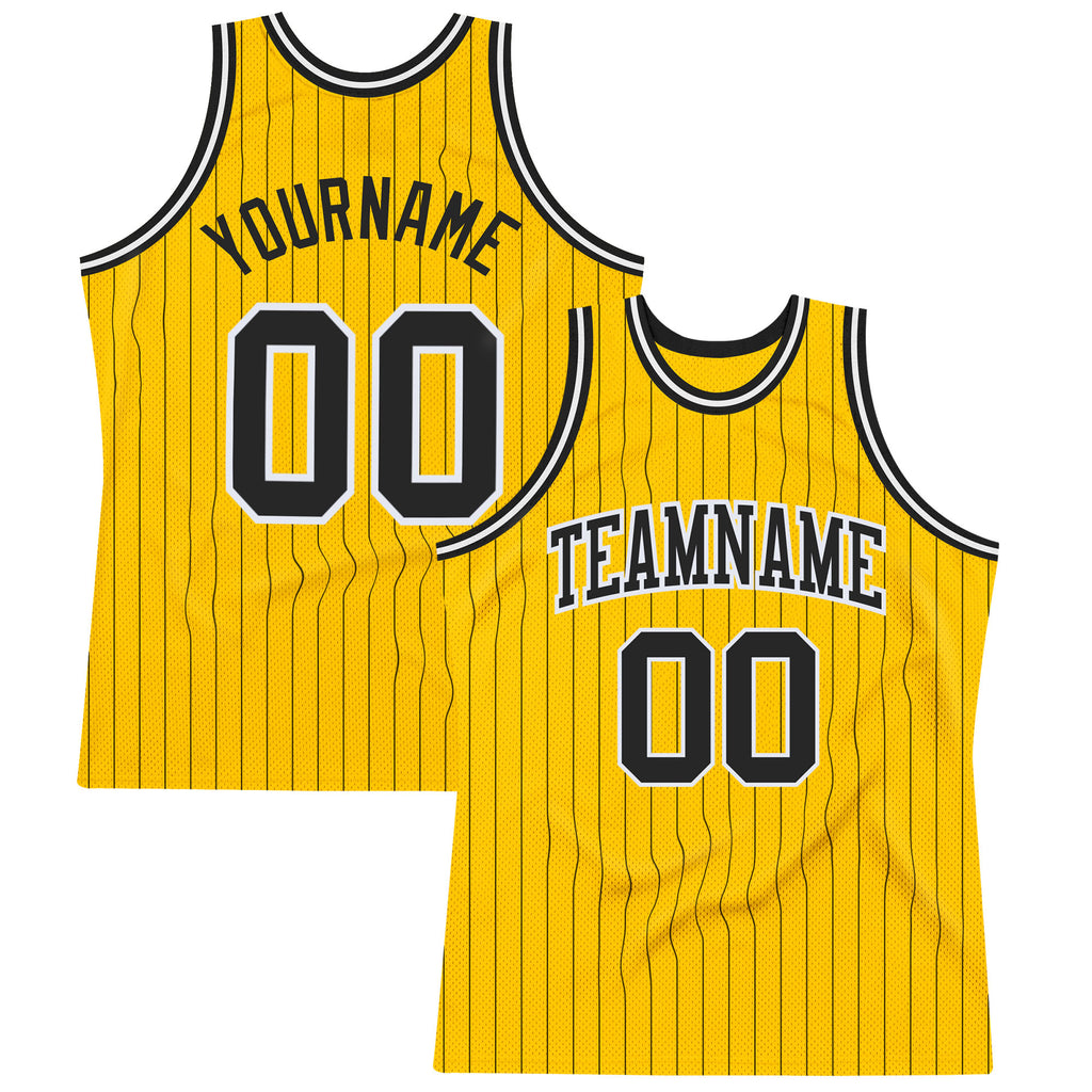 Custom Gold Black Pinstripe Black-White Authentic Basketball Jersey