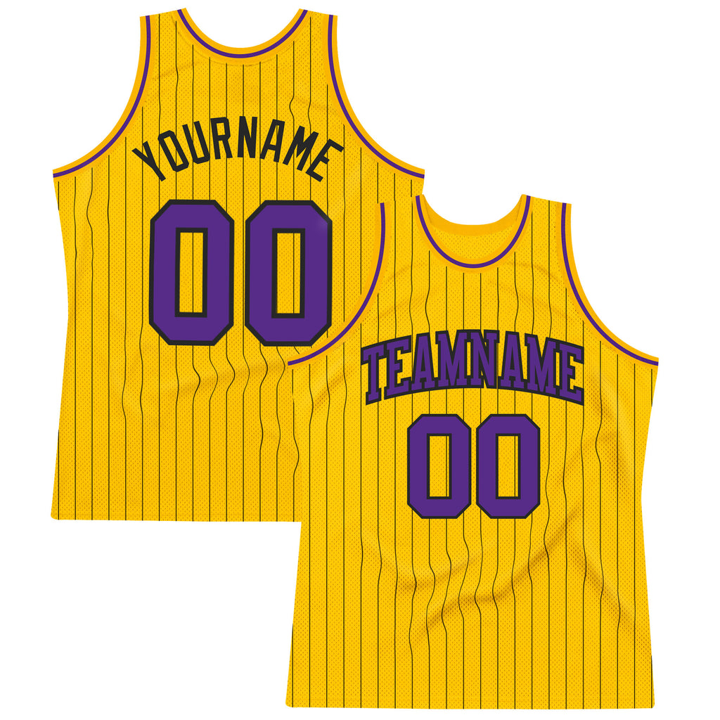 Custom Gold Black Pinstripe Purple Authentic Basketball Jersey