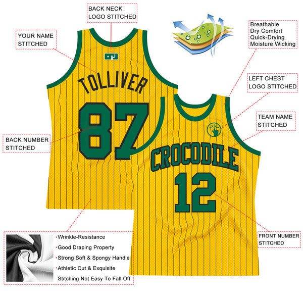 Custom Gold Black Pinstripe Kelly Green Authentic Basketball Jersey