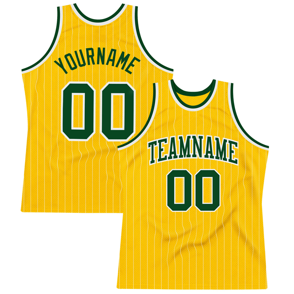 Custom Gold White Pinstripe Green Authentic Basketball Jersey