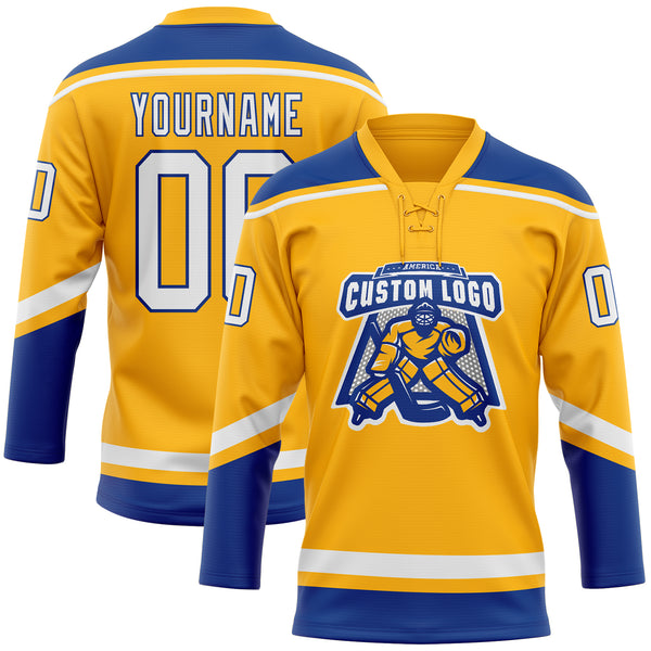 Custom Gold White-Royal Hockey Lace Neck Jersey