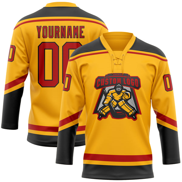 Custom Gold Red-Black Hockey Lace Neck Jersey