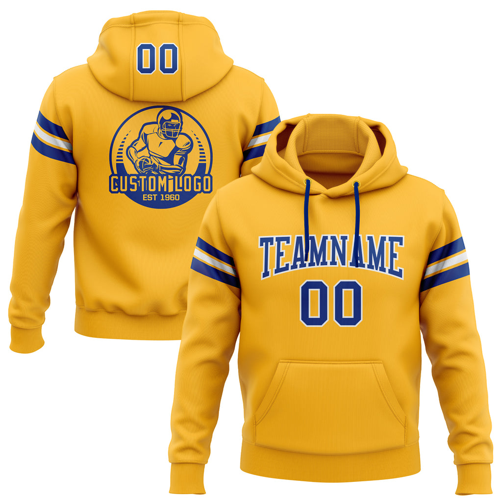 Custom Stitched Gold Royal-White Football Pullover Sweatshirt Hoodie