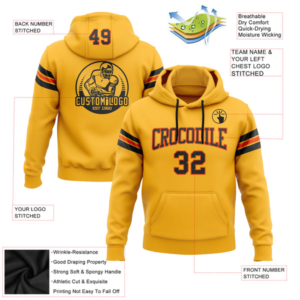 Custom Stitched Gold Black-Orange Football Pullover Sweatshirt Hoodie