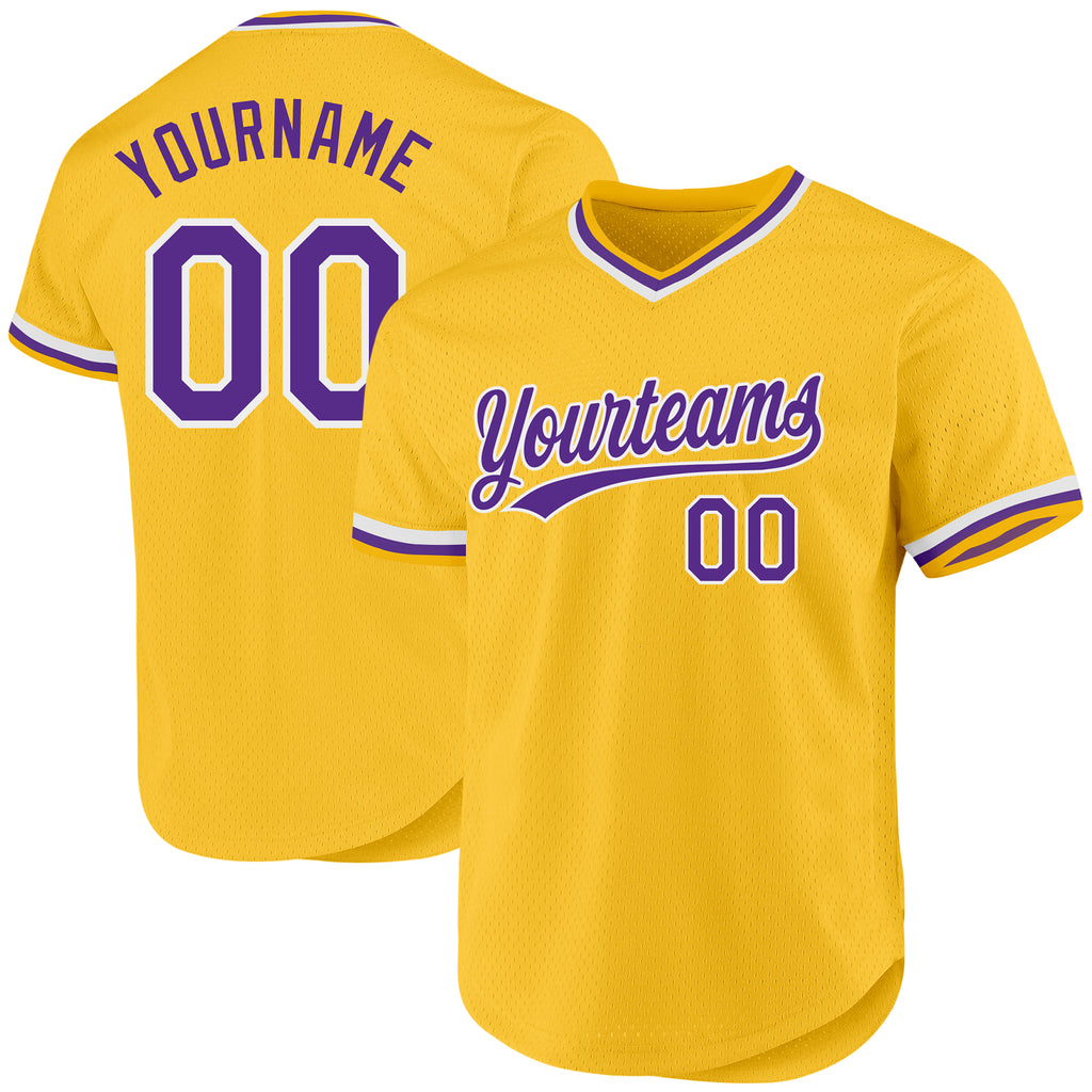 Custom Gold Purple-White Authentic Throwback Baseball Jersey