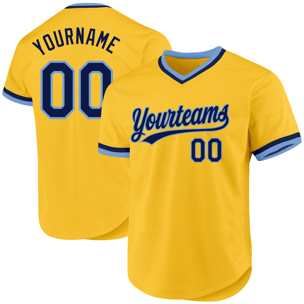 Custom Gold Navy-Light Blue Authentic Throwback Baseball Jersey