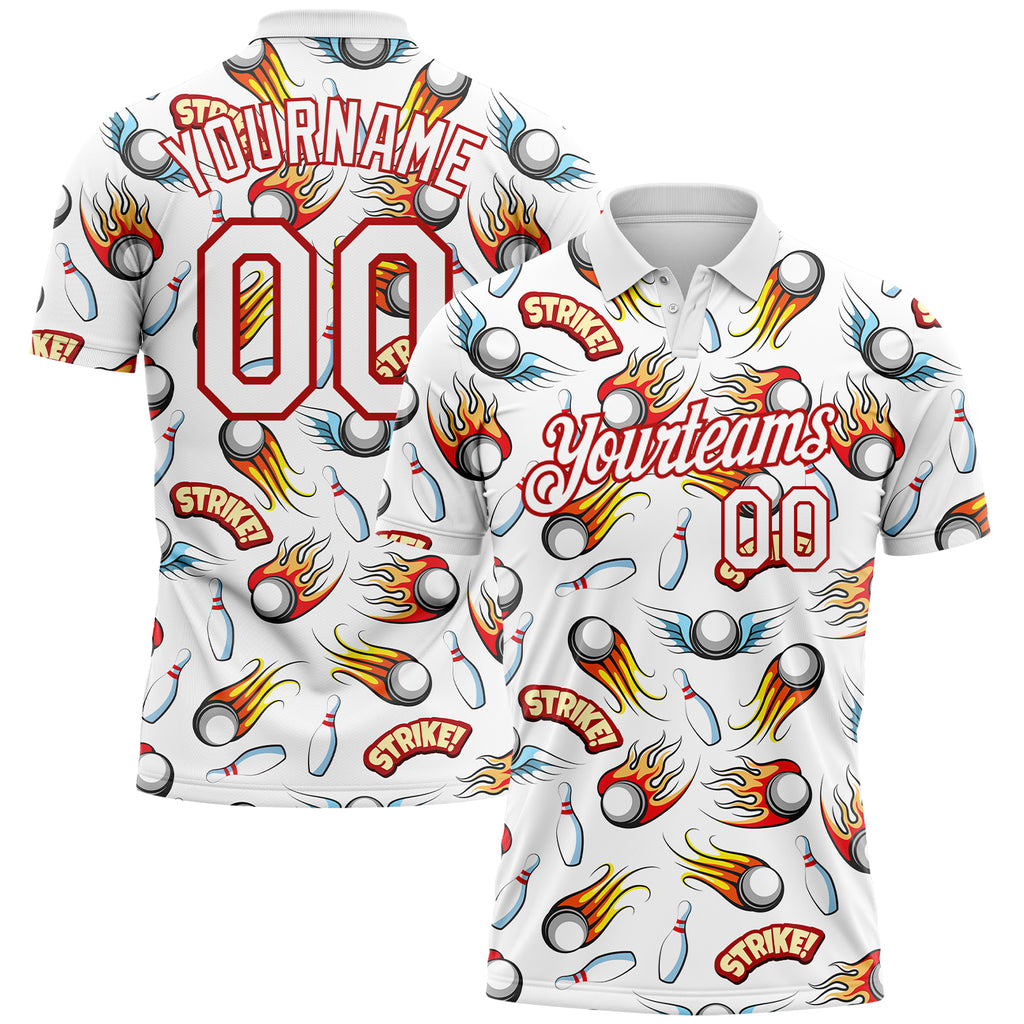 Custom White Red 3D Pattern Design Firely Bowling Performance Golf Polo Shirt