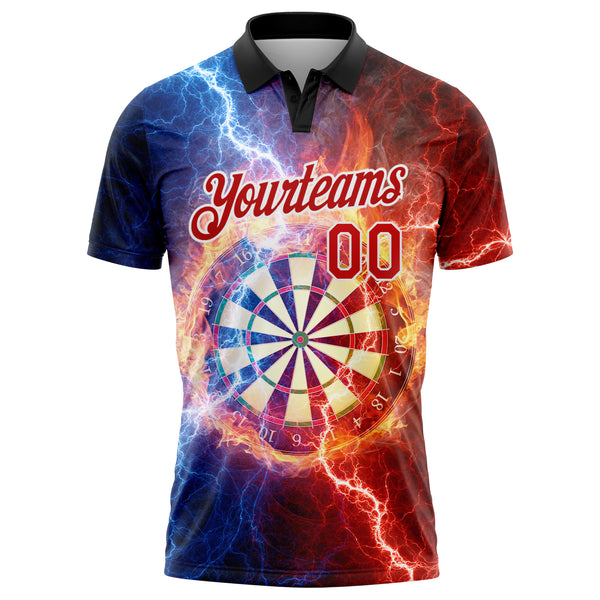 Custom Black Red-White 3D Pattern Design Lightning Flame Dart Board Performance Golf Polo Shirt