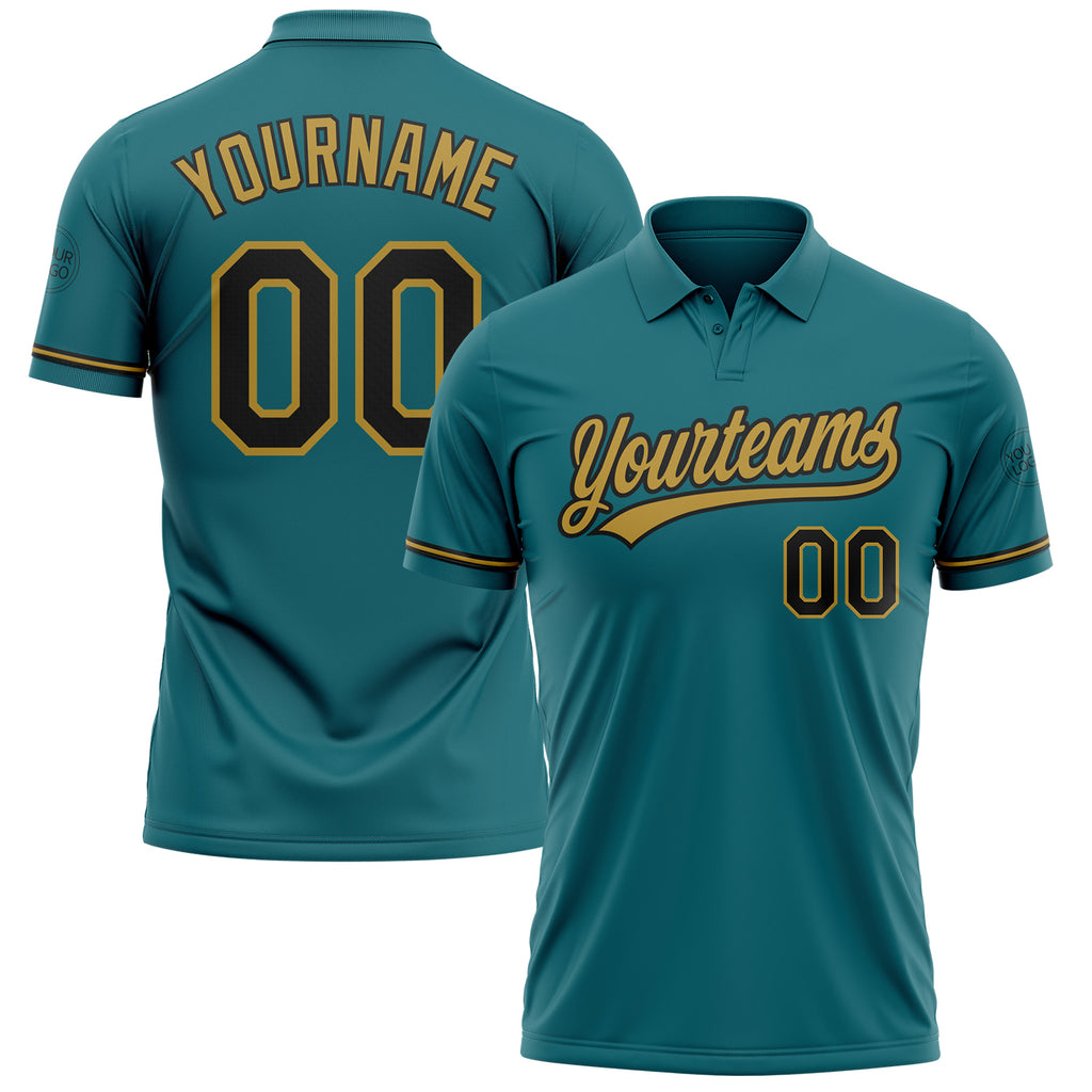 Custom Teal Black-Old Gold Performance Vapor Golf Polo Shirt