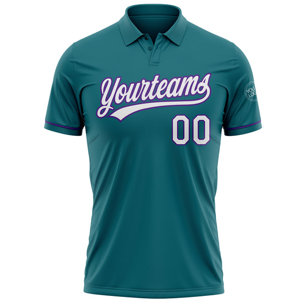 Custom Teal White-Purple Performance Vapor Golf Polo Shirt