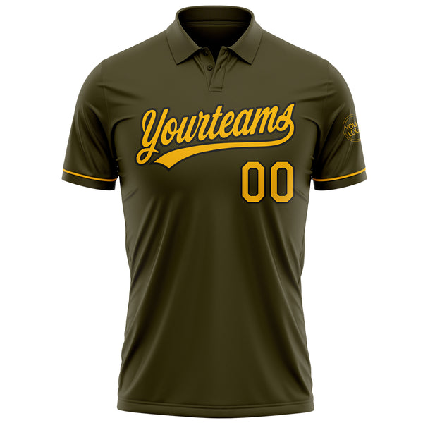 Custom Olive Gold-Black Performance Vapor Salute To Service Golf Polo Shirt