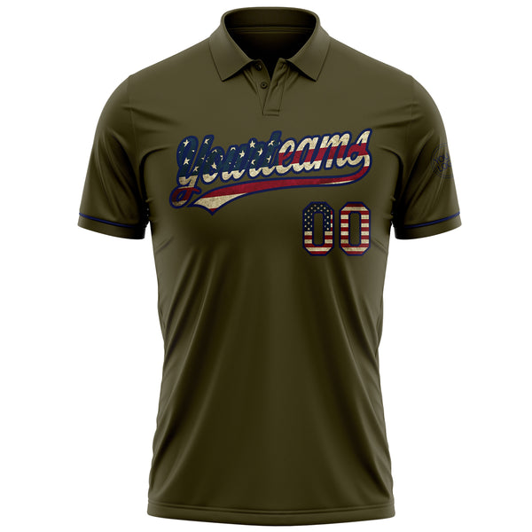 Custom Olive Vintage USA Flag-Navy Performance Vapor Salute To Service Golf Polo Shirt