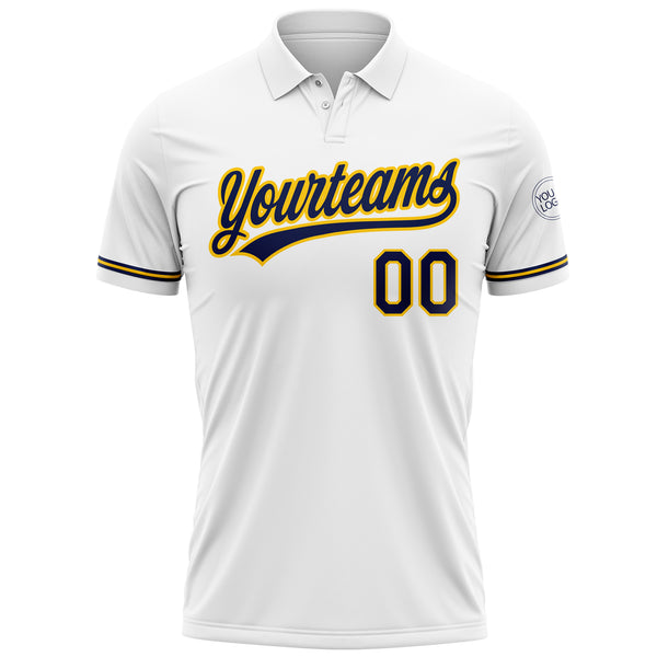 Custom White Navy-Yellow Performance Vapor Golf Polo Shirt