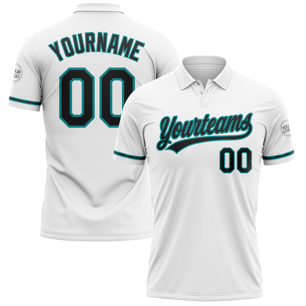 Custom White Black-Teal Performance Vapor Golf Polo Shirt