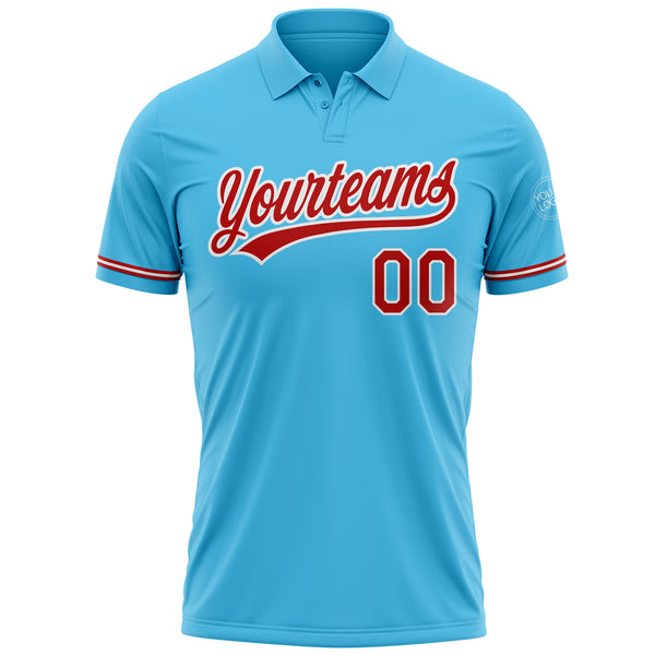 Custom Sky Blue Red-White Performance Vapor Golf Polo Shirt