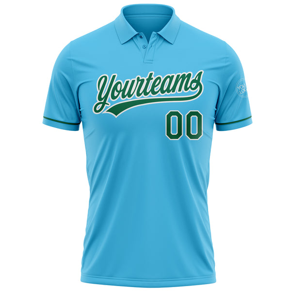 Custom Sky Blue Kelly Green-White Performance Vapor Golf Polo Shirt