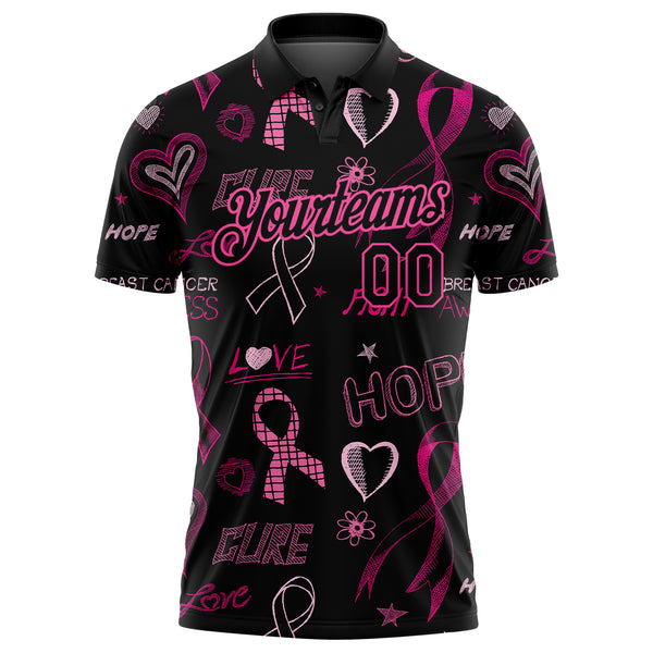 Custom Black Pink 3D Pink Ribbon Breast Cancer Awareness Month Women Health Care Support Performance Golf Polo Shirt