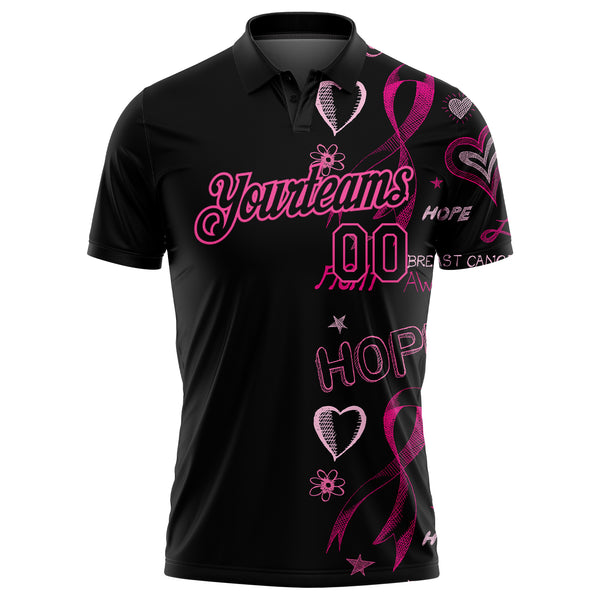 Custom Black Pink 3D Pattern Design Pink Ribbon Breast Cancer Awareness Month Women Health Care Support Performance Golf Polo Shirt