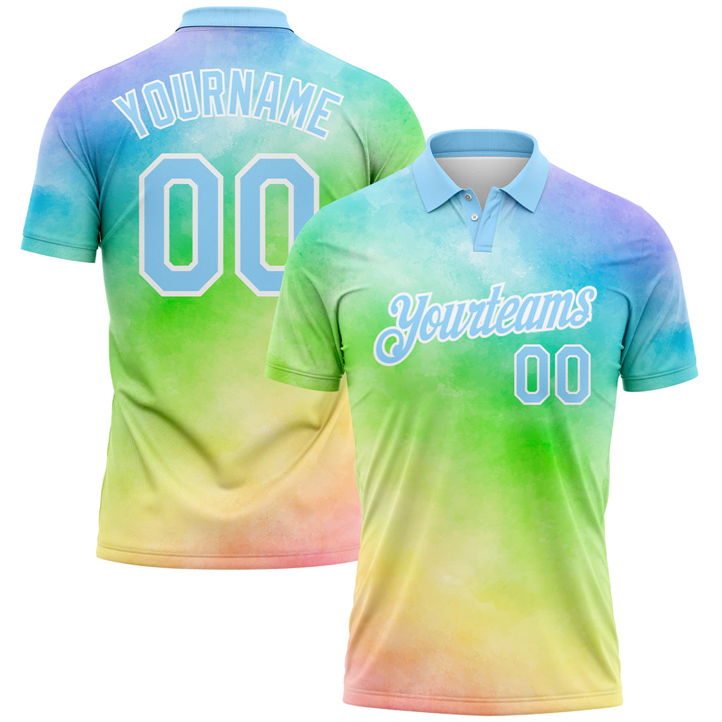 Custom Tie Dye Light Blue-White 3D Rainbow Performance Golf Polo Shirt