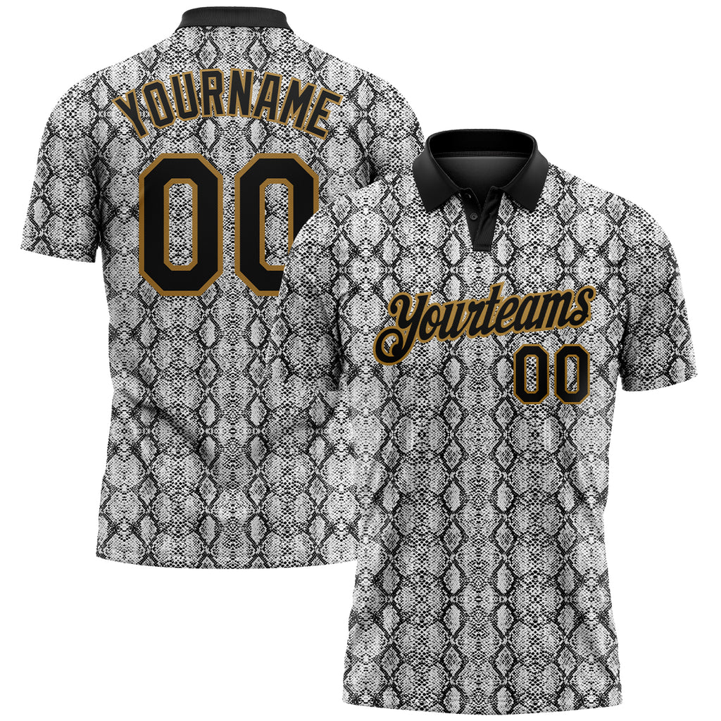 Custom Black Old Gold 3D Pattern Design Snakeskin Performance Golf Polo Shirt