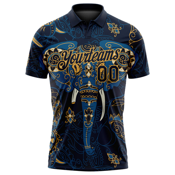 Custom Navy Old Gold 3D Pattern Design Elephant Performance Golf Polo Shirt