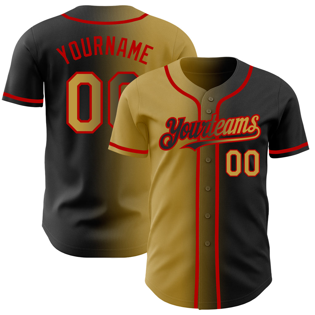 Custom Black Old Gold-Red Authentic Gradient Fashion Baseball Jersey