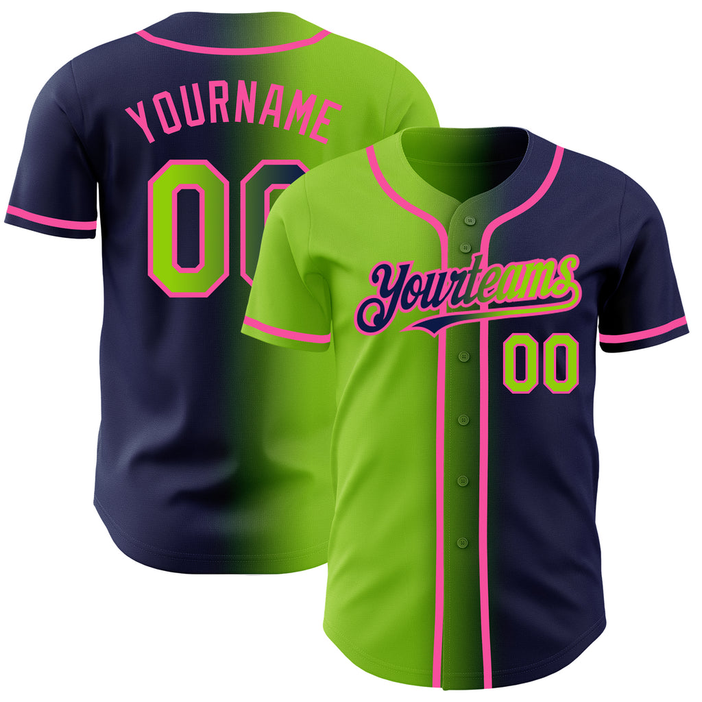 Custom Navy Neon Green-Pink Authentic Gradient Fashion Baseball Jersey